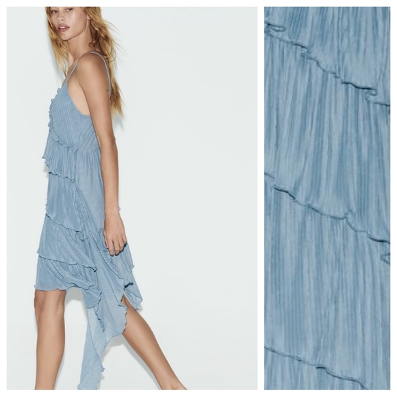 🌹NWT. Zara Light Blue Pleated Asymmetric V-Neck Mini Dress. Size L. - Picture 5 of 13